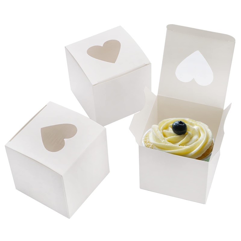 100 Pack White Individual Cupcake Containers with Heart Shaped Window, 3 Inch…