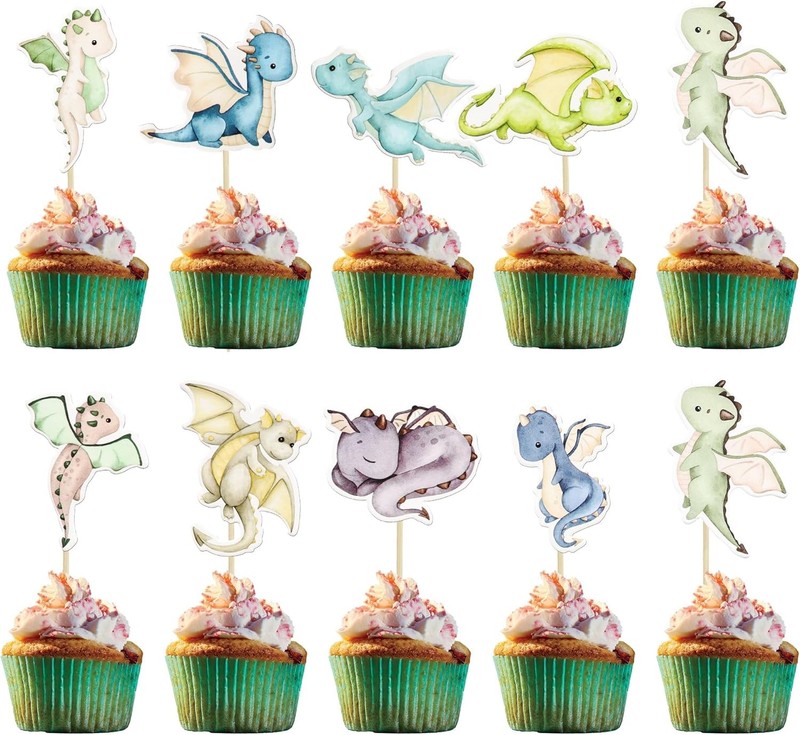 36Pcs Dragon Party Cupcake Toppers Dragon Birthday Party Decoration Fantasy
