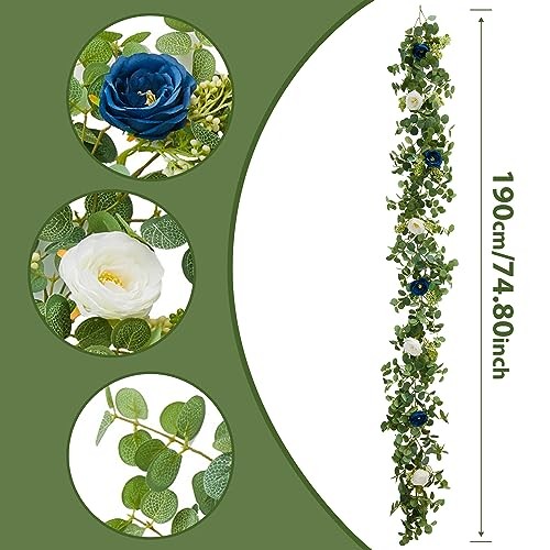 6.56ft Eucalyptus Garland with Flowers-8 Roses, Artificial Fake 1PC Blue White gallery