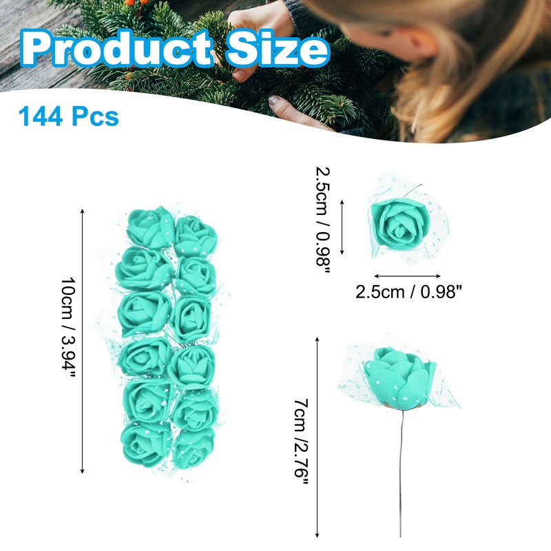 144Pcs Mini Roses Artificial Flowers 0.98" Stem + Gauze, Blue/Green for Bulk gallery