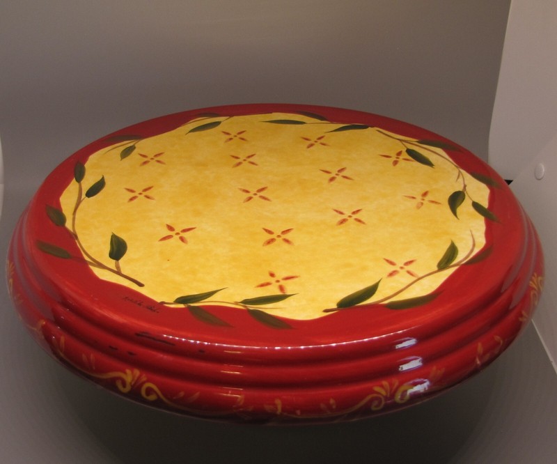 Cake Pedestal Plate/Chip & Dip Signed Pottery Red Yellow