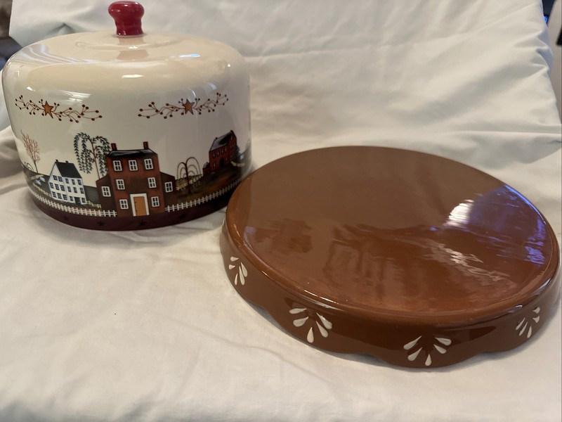 Vintage Ceramic Cake or Cheese Cover & Platter, houses/country/farms/Sheep/Fall gallery