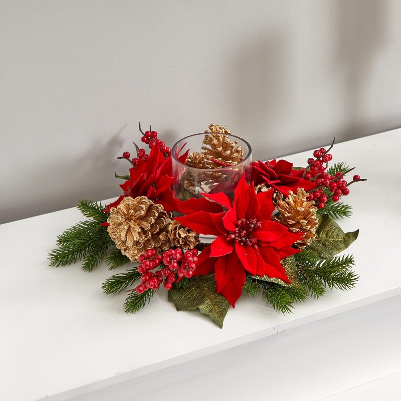 Nearly Natural Poinsettia Berry And Golden Pine Cone Candelabrum Artificial gallery