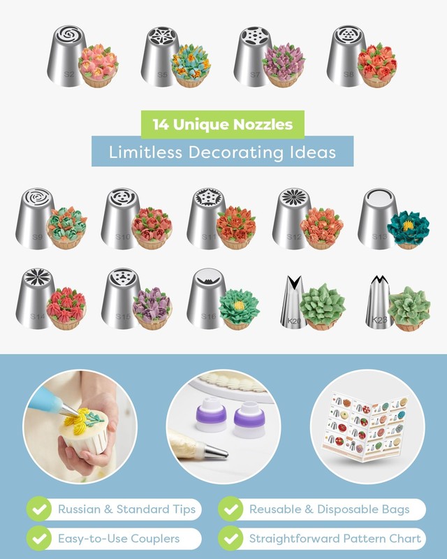 Russian Flower Piping Tips Set 48 Pcs Cake & Cupcake Decorating Kit for Baking