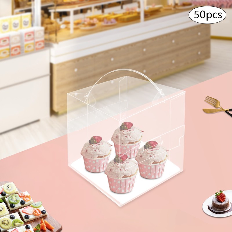 50 Clear Square Cake Boxes, Food-Grade PET, 13 cm × 13 cm × 13 cm