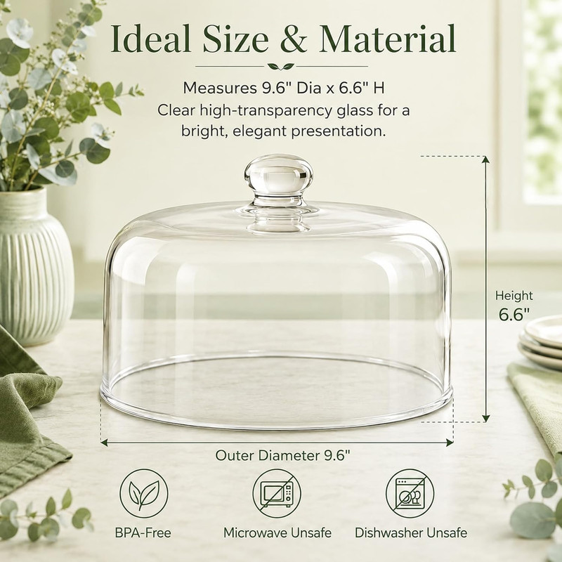 9.6" Wide Handmade Glass Cake Dome & Cover Clear Cloche Lid for Dessert Display gallery