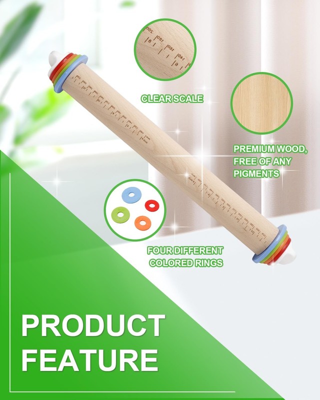 16.7" Rolling Pin with Thickness Rings for Cookies, Dough, Pizza & Pastries, ... gallery