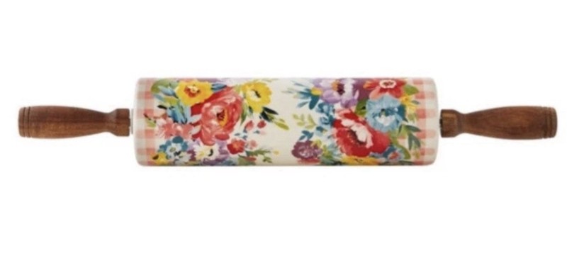 PIONEER WOMAN SWEET ROMANCE FLORAL PINK GINGHAM CHECKERED ROLLING PIN BRAND NEW! gallery