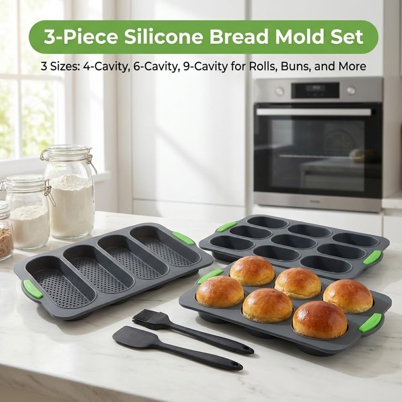 Set of 5 Silicone Hamburger Bun Molds, 3 Sizes (4/6/9 Cup) Non-Stick Hot Dog ... gallery