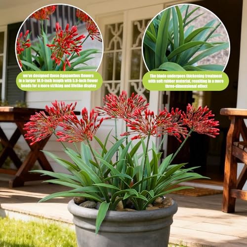 Artificial Flowers for Outdoors 18.9 in Large Fake Plants Red Agapanthus gallery