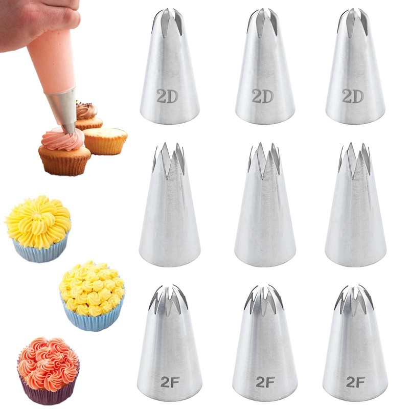 9 PACK Icing Piping Tip Set Cake Decorating Supplies Piping Tips 1M 2F 2D Cak...