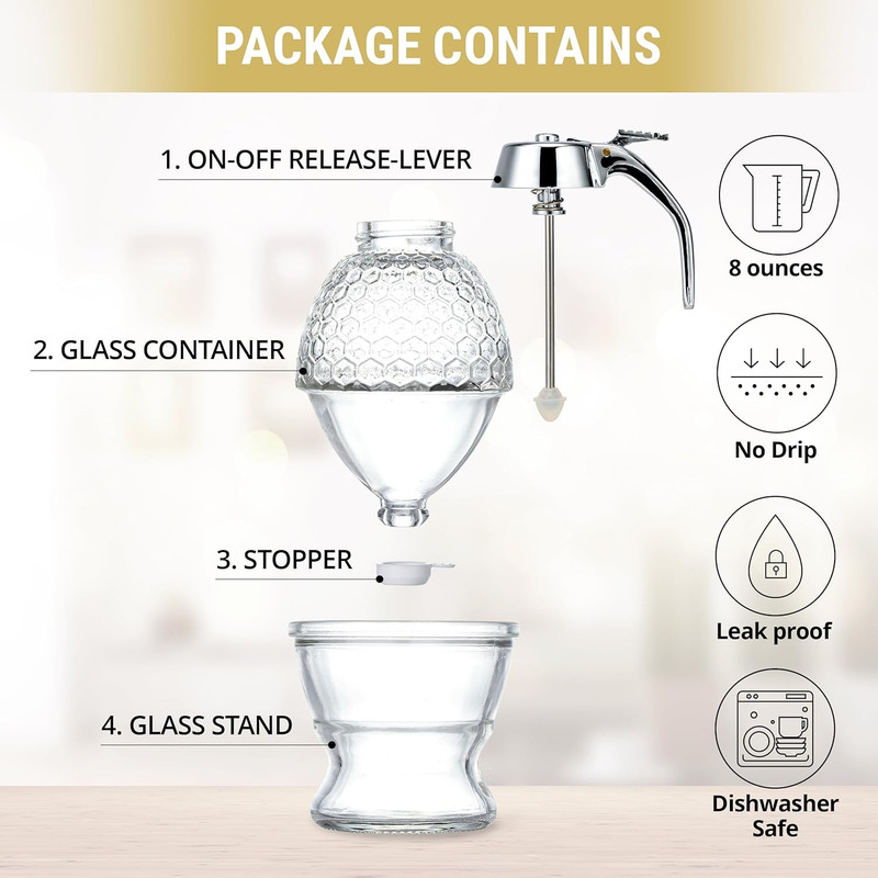 Stainless Steel Shaft Glass Honey Dispenser - No Drip Honeycomb Jar with Stand, gallery
