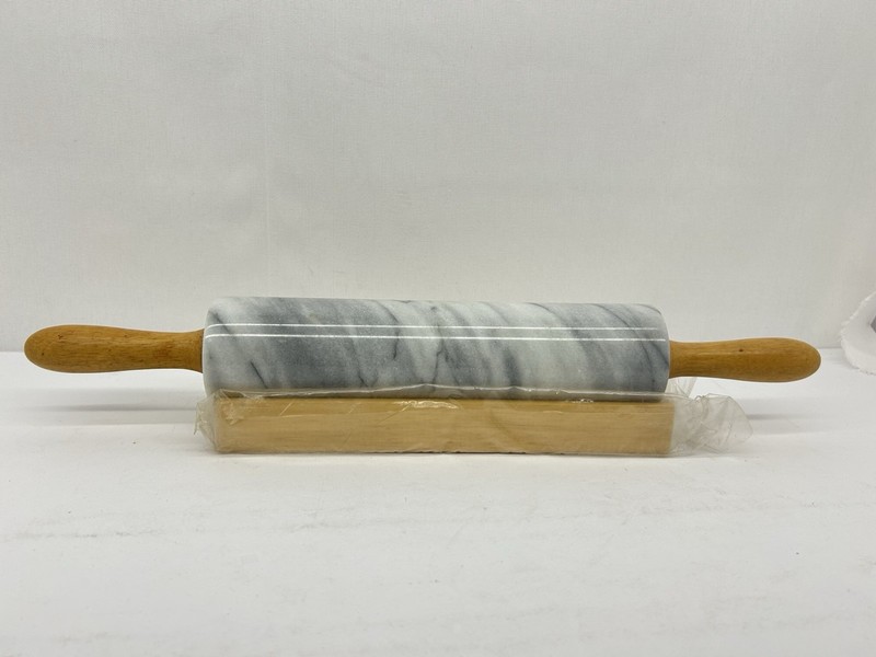 Vintage Gourmet Kitchen Marble Rolling Pin Gray Marbled Wood Handles & Cradle gallery