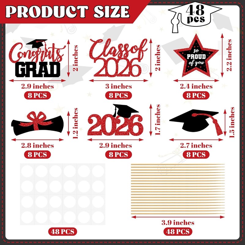 48 PCS Graduation Cupcake Toppers, Glittery 6 Styles Congrats Grad Cake Topper, gallery