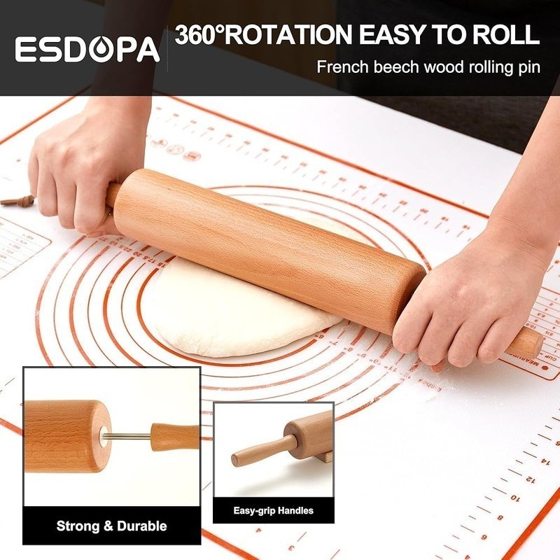 Wooden Rolling Pin W/ Handles Pastry Mat Stand Baking Dough Roller Kitchen Tool gallery