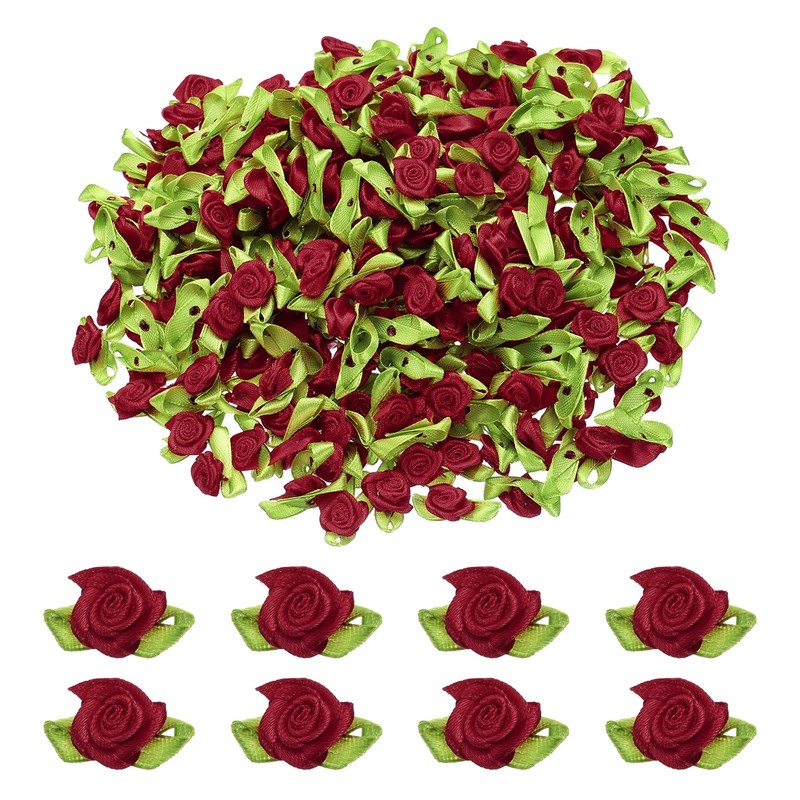 500 Pcs Mini Ribbon Roses Flowers Bows for Crafts, 15mm/0.6″ Dia, Wine Red