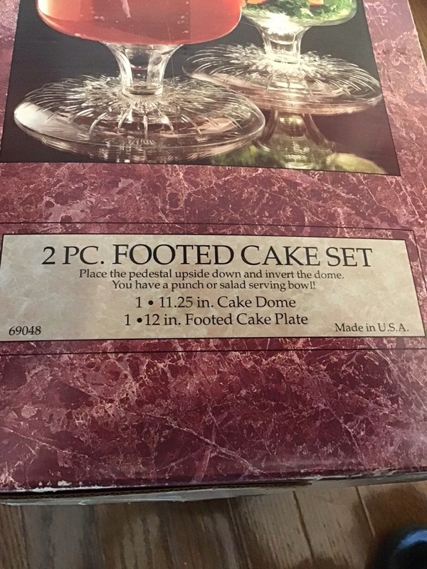 Vintage 2 Piece Made In America Footed Cake Set Pedestal Clear Glass Plate Dome gallery