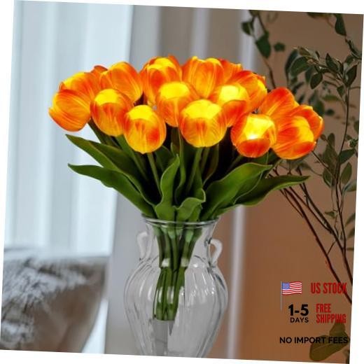 20 Stems LED Lighted Artificial Flowers Tulip Lamp Real Touch Tulips Orange