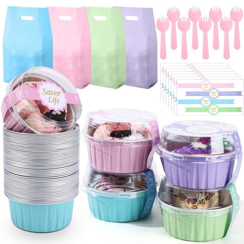 424 Pack Macaron Mini Cake Pans Set with Lids and Spoons Include 5oz Disposab…