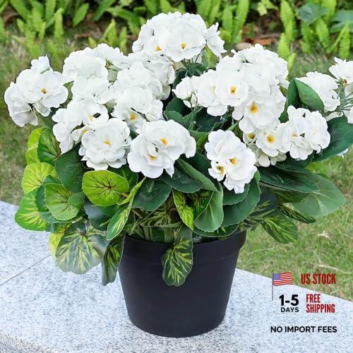 2 Pcs Artificial Flowers Outdoor Potted Large – 16’’ Artificial Geranium White
