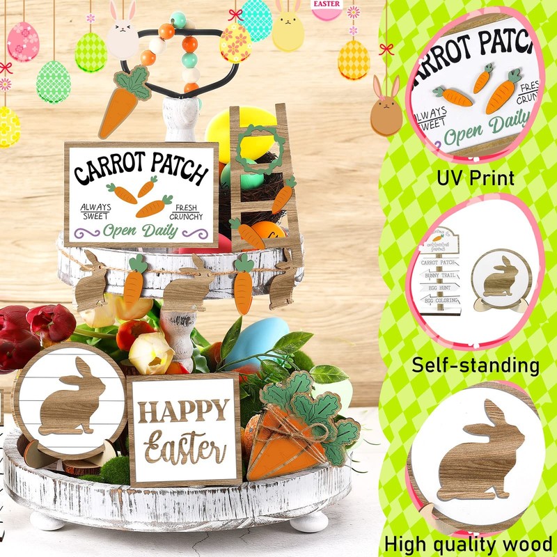 12 Pcs Easter Tiered Tray Decor Wooden Carrot Patch Bunny Egg Tiered Tray Items gallery