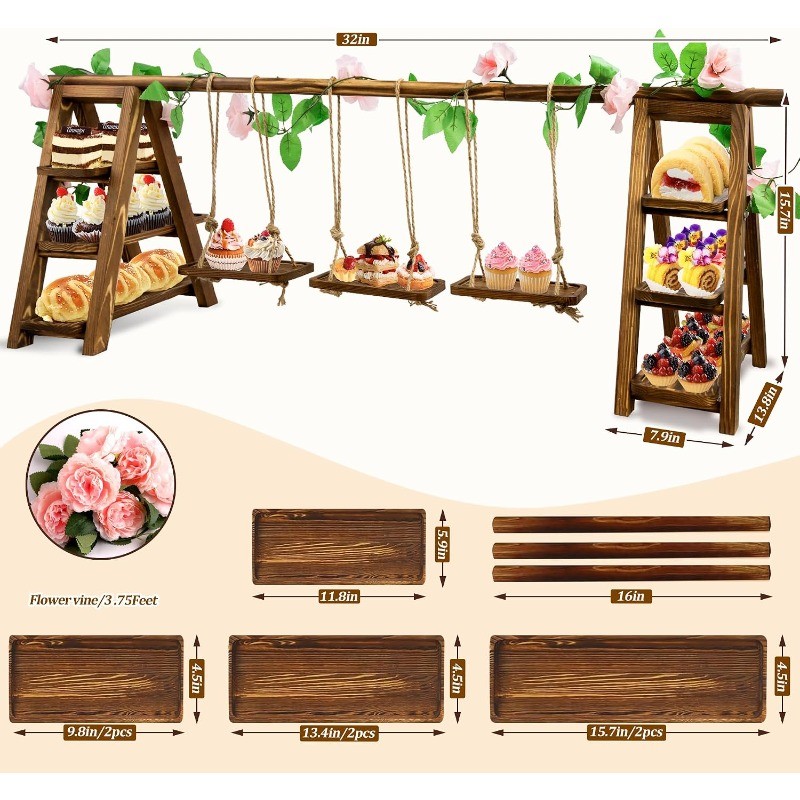 3-Tier Wooden Cake Stand with Removable Trays & Flower Decor - Display Cupcakes gallery