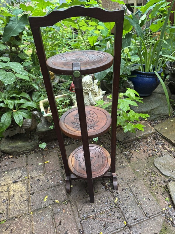 Vtg Mid Century Wood 3-Tier Folding Pie Cake Stand Carved Wooden Display Rack gallery