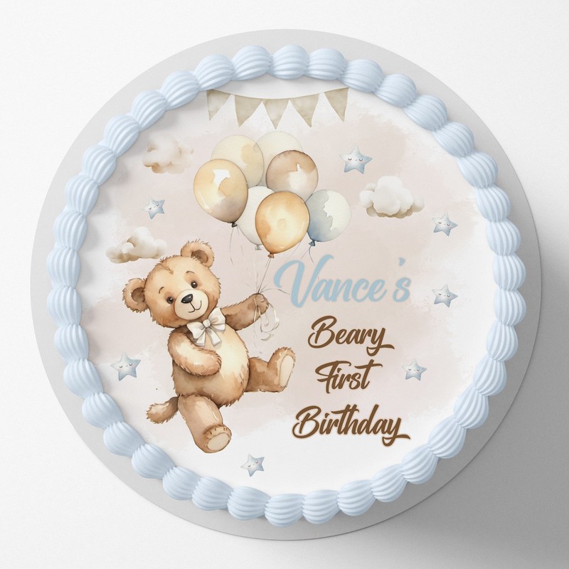 Beary First Birthday Cute Teddy Bear Pre-cut Round Edible Icing Cake Topper
