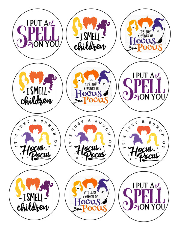 12 Hocus Pocus edible dessert toppers, cookies, oreos, cupcakes CHOOSE YOUR SIZE