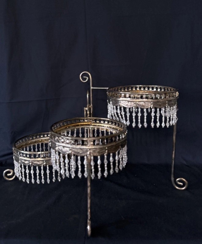 Vintage metal 3 Tier Beaded Beautiful Cake Stand Silver EUC