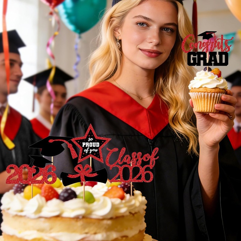 48 PCS Graduation Cupcake Toppers, Glittery 6 Styles Congrats Grad Cake Topper, gallery