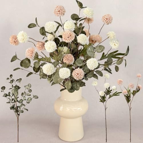 Beige White Fake Mums Flowers + Eucalyptus 7 Stems Pom Pom Kiku Long Stem