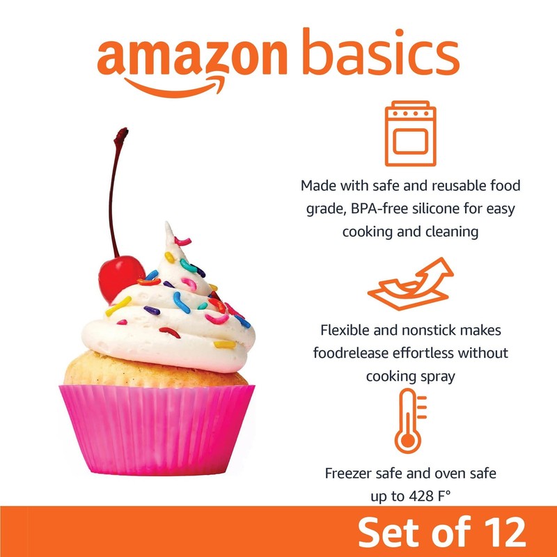 Amazon Basics Reusable Non-Stick Silicone Baking Cups, Pack of 12, Multicolor gallery