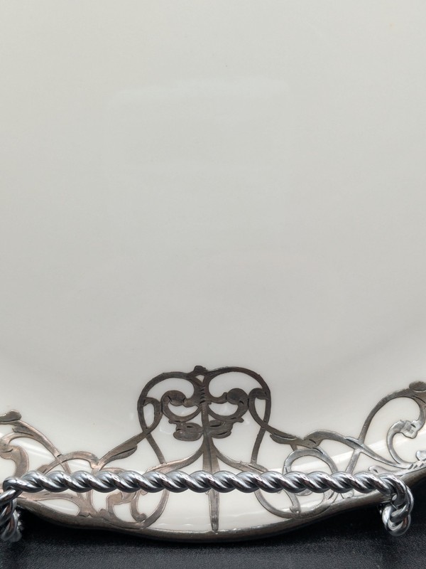 1920s LENOX White Porcelain 10.75" Cake Plate Handles Sterling Silver Overlay gallery