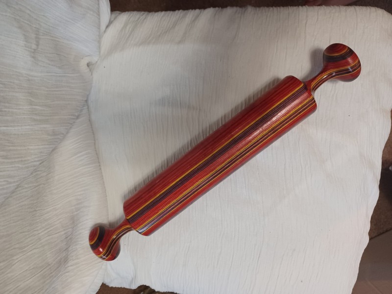 Tom Foster Handmade Striped Wood Rolling Pin- Red Yellow Purple – 17 in – Signed
