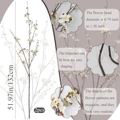 2 Pcs Cherry Blossom Branches Long Stems Fake Flowers for Spring Summer White gallery