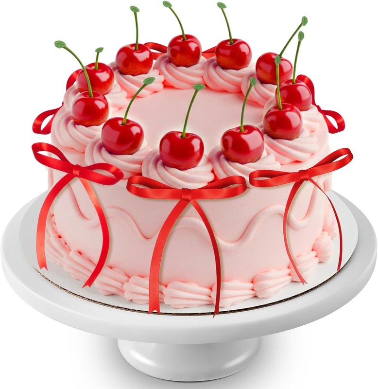 24 Pcs Red Cherry Cake Decorations with Red Bows Fake Cherry Cake Toppers