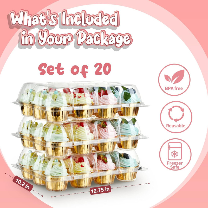 (12 Pack X 20 Sets) Stackable Cupcake Carrier with 240 Pack Liners, Plastic Cupc gallery