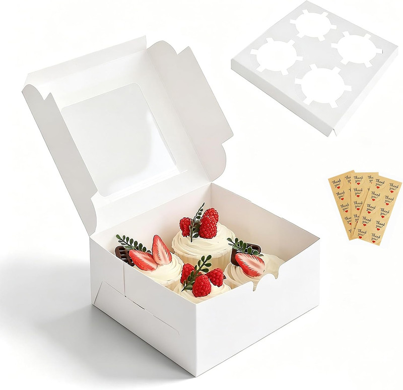 Cupcake Boxes 4 Count with Window, Bakery Boxes, Muffin Containers, Food Grade,