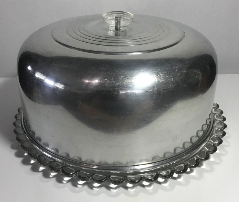 Vintage Aluminum Cake Cover w/Glass Knob and Scalloped Footed Glass Plate