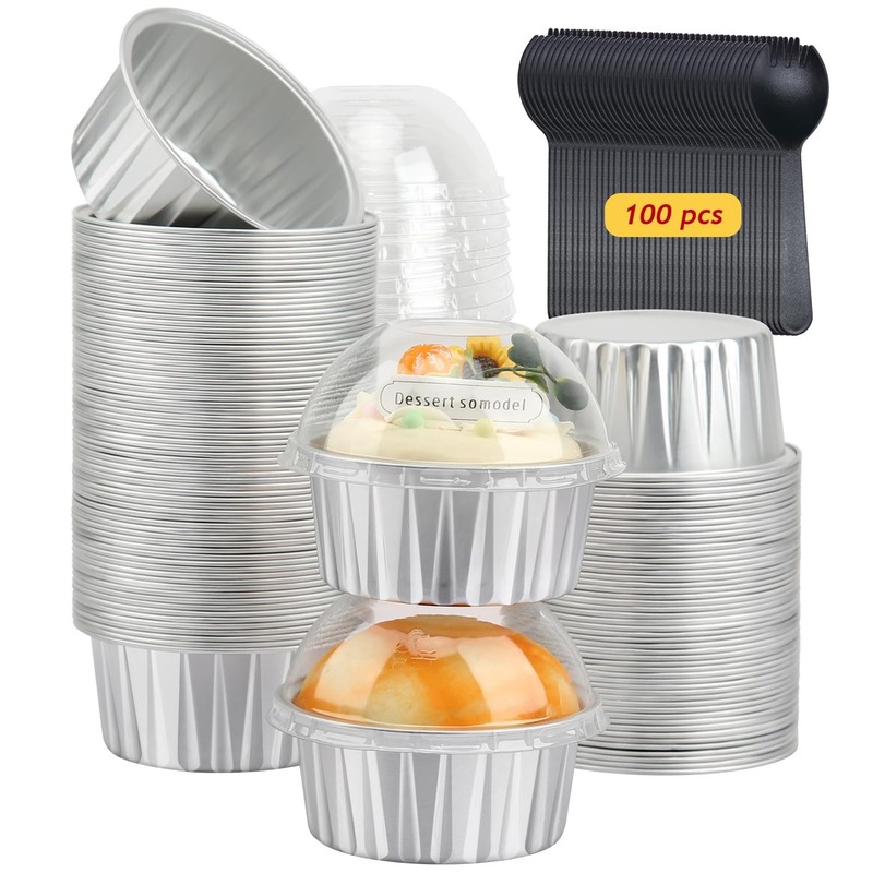 5oz Cupcake Pans Muffin Tins with Lids 100 Pack, Aluminum Foil Mini Cake Baki…