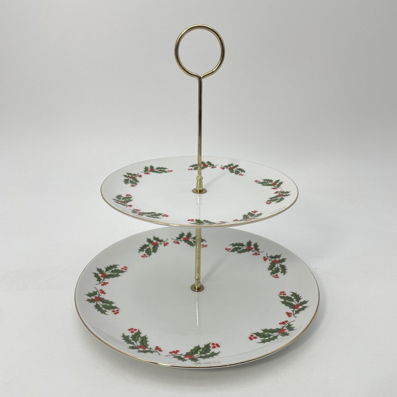 Kashima Christmas Holly 2-Tier Cake Stand Dessert Server White Porcelain Japan