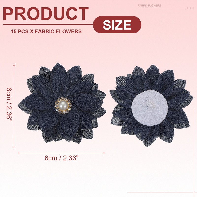 15Pcs 2" Fabric Flowers Rhinestone Pearls Sewing Fabric Flowers Navy Blue gallery