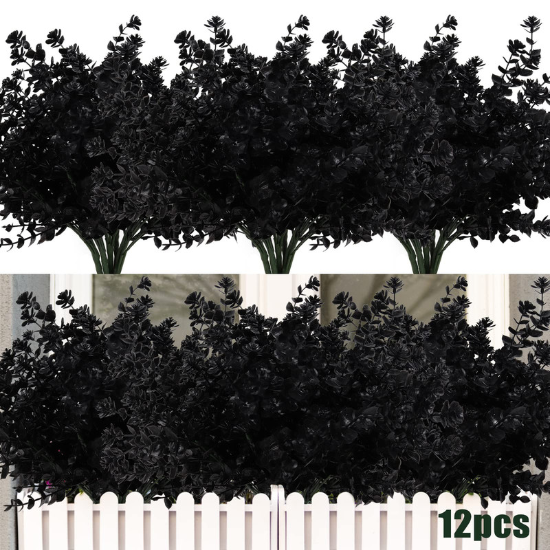 Recutms Black Artificial Flowers 12 Pcs Fake Outdoor Uv Resistant Plants Faux