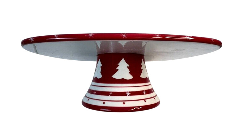 Red & White Snowflake Christmas Tree Pedestal Cake Stand Square 12" x 4" gallery