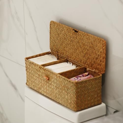 Seagrass Storage Basket with Lid Rectangular Small Woven Natural 3 Sections gallery
