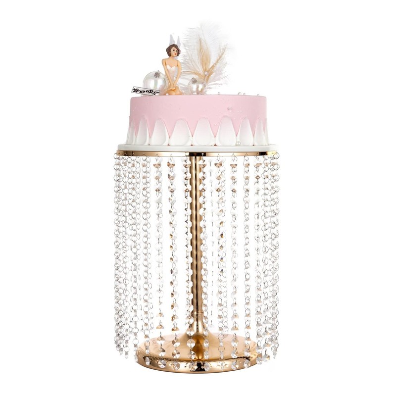 Round Metal Cake Stand with crystal pendants and beads, 12 Inch Gold Cake Decora