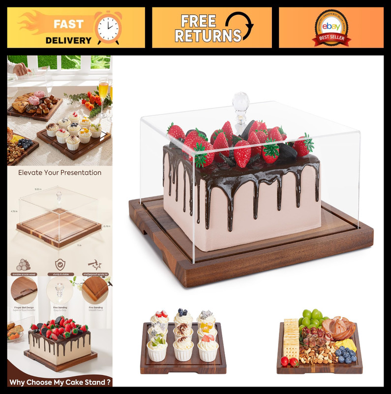 2-in-1 Acacia Wood Cake Stand & Dome – Square Dessert Display, Charcuterie Board
