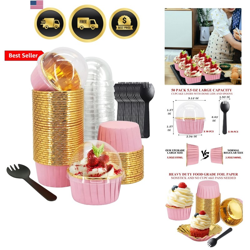Cupcake Liners with Lids 50 Pack, 5oz Large Foil Cupcake Cups Muffin Tins,Dis…