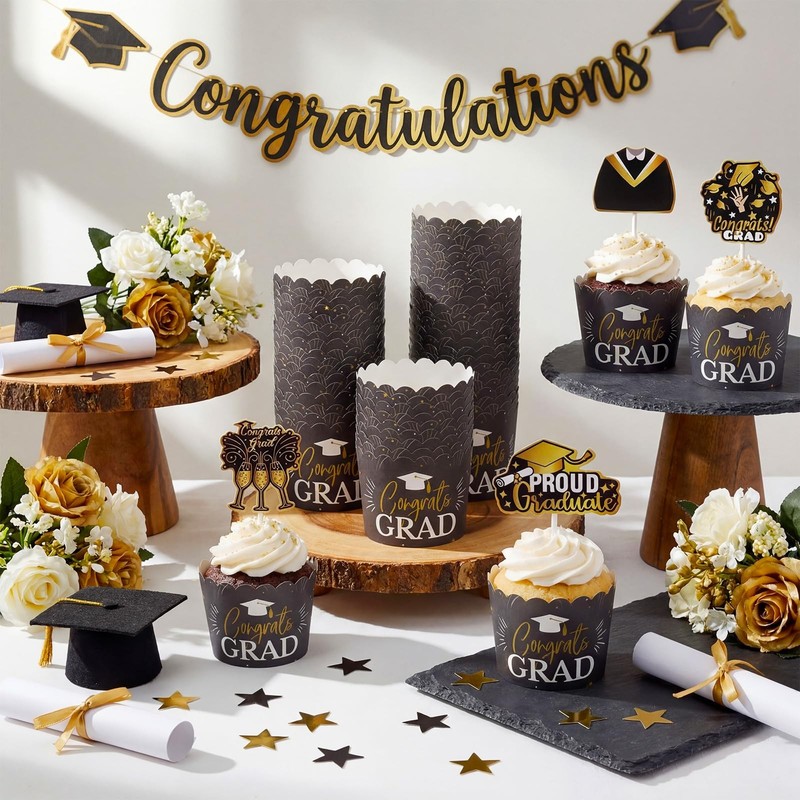 96 PCS Graduation Cupcake Liners Toppers Set Black Gold Class Of 2026 Party gallery